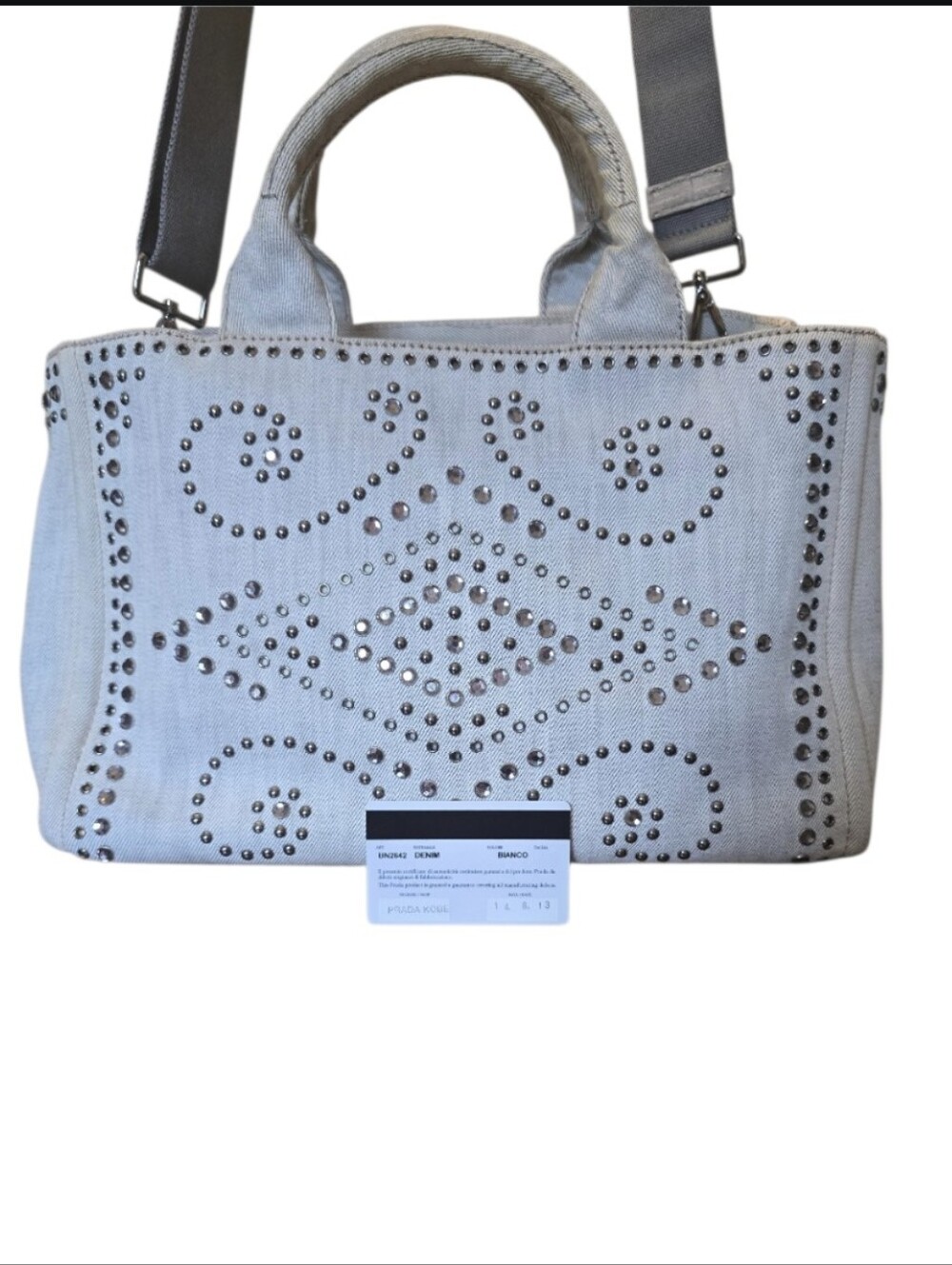 Prada Crystal Studded Lg Canapa Denim Tote w/ Card & Crossbody Strap in EUC - Picture 3 of 16